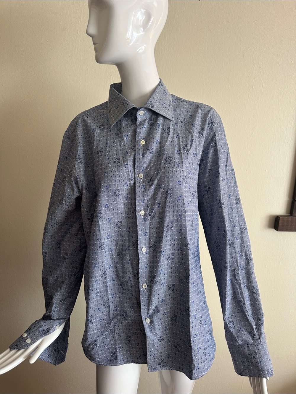 Men's Classic Blue Printed Long-Sleeve Dress Shirt
